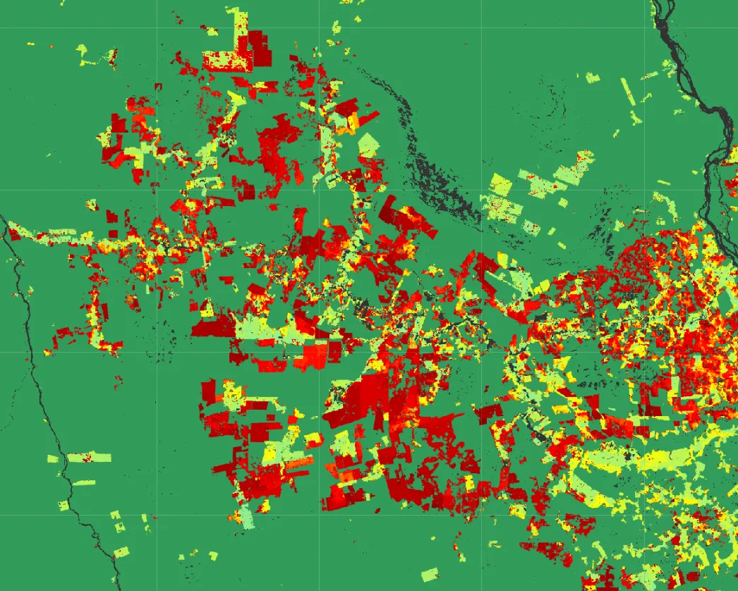 Mapa de deforestación en la Amazonía: bosque en verde y zonas deforestadas en amarillo y rojo según el año.