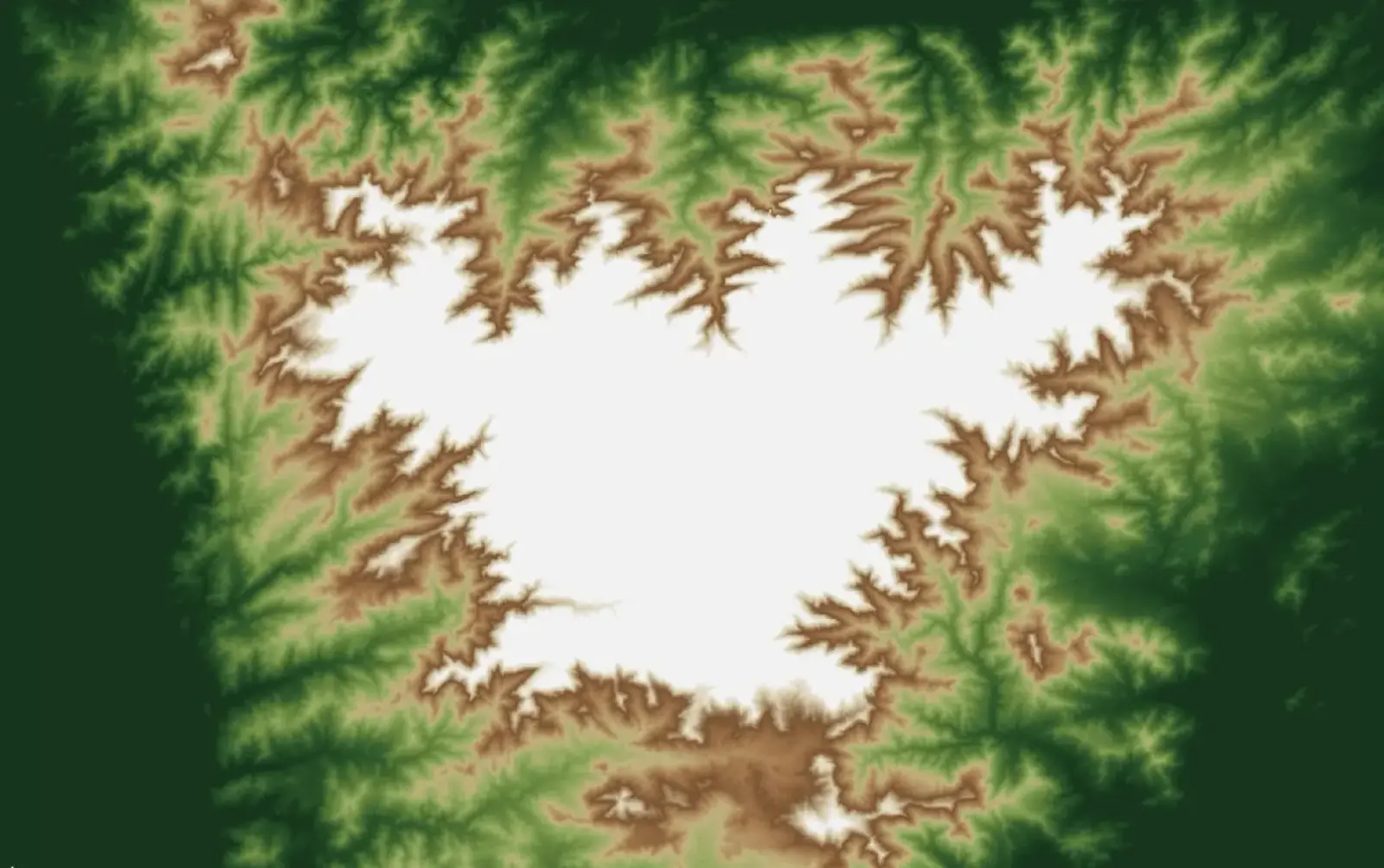 Modelo digital de elevación en colores: valles bajos en verde oscuro, laderas en verde claro y marrón, y una meseta alta en blanco, rodeada por una red densa de quebradas.