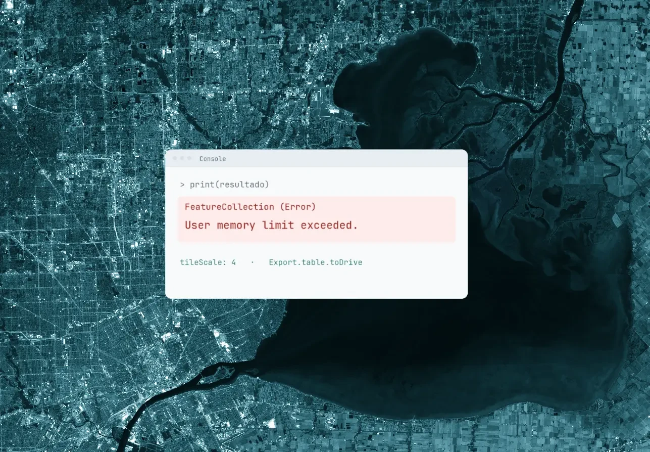 Ilustración de la consola de Google Earth Engine con el mensaje de error User memory limit exceeded.